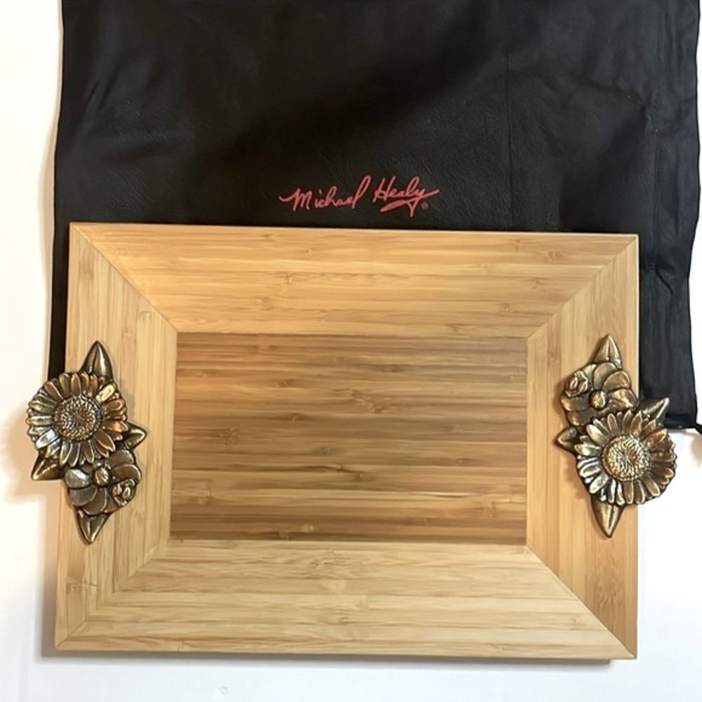 NWOT Michael Healy wood and brass “In the Garden” platter
